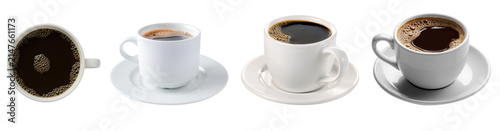 Fotografie Set of four white ceramic coffee cups filled with rich black coffee, isolated on a transparent background