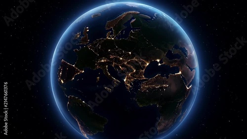 Earth spinning repeat globe planet in dark space with illuminated continent, night city light, glowing atmosphere, orbit world map, solar system satellite astronomy view and cosmic universe