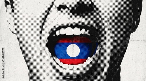 A person's open mouth screaming with the flag of Laos inside, symbolizing national voice or protest.