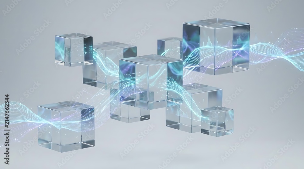 Naklejka premium A conceptual digital illustration of transparent cubes connected by glowing light trails, designed to visually represent the need to analise dados effectively.