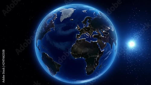 Earth spinning repeat in dark space with blue globe, glowing atmosphere, visible continent outlines, cloud detail, global planet view, night map, bright light, space blue world