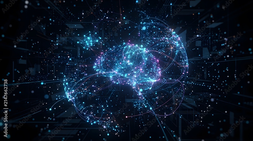 Fototapeta premium Artificial intelligence brain concept with glowing neural network nodes and connections in a digital space