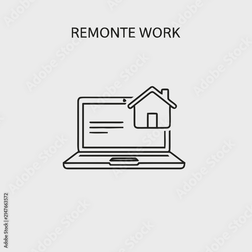 Minimalist line icon of a laptop computer with a house symbol representing remote work.