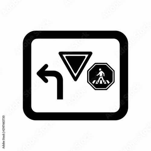 Traffic road sign icon featuring turn left yield and pedestrian crossing symbols.