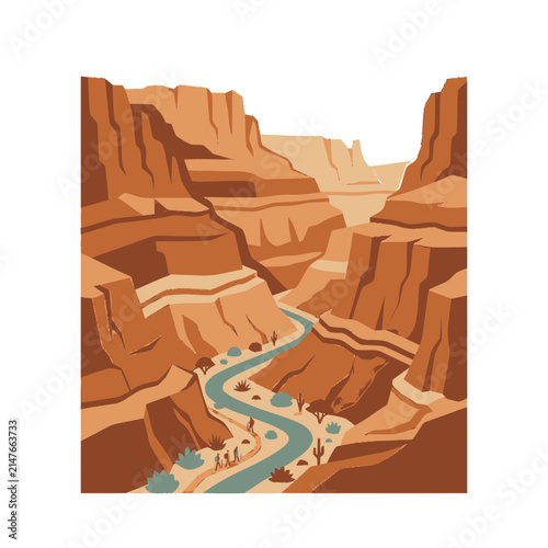Flat vector illustration of a scenic desert canyon with a winding river.
