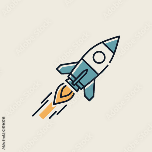 Minimalist vector illustration of a flying rocket icon.