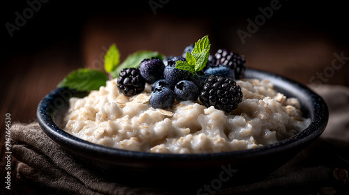 Creamy oatmeal porridge topped with fresh blueberries and blackberries porridge blueberries