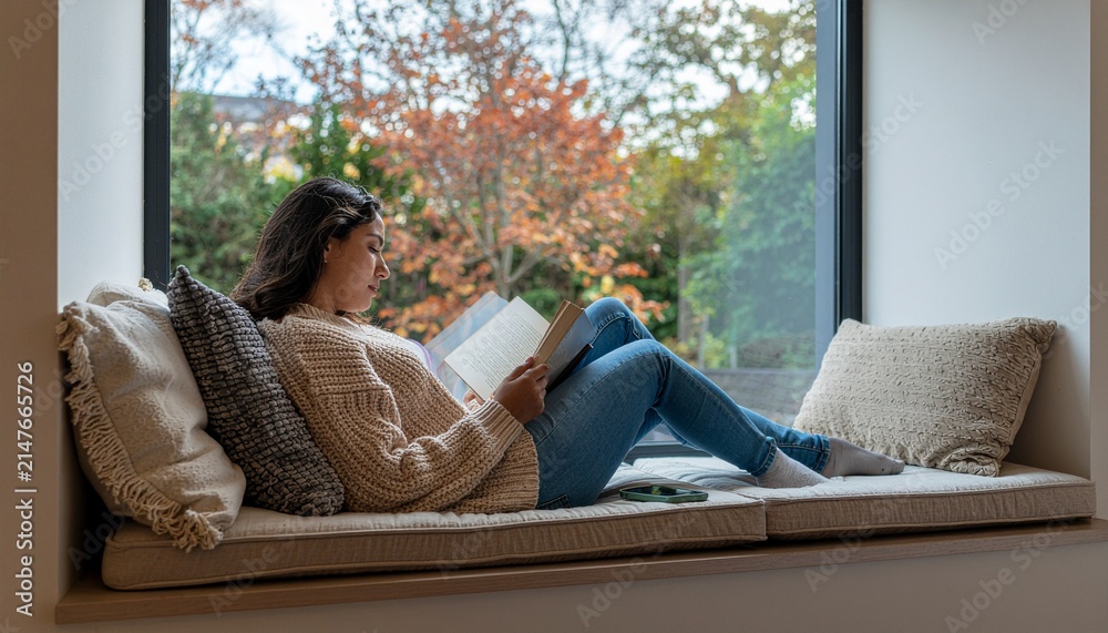 Fototapeta premium A close up view of a young woman reading a book on a cozy window seat at home.