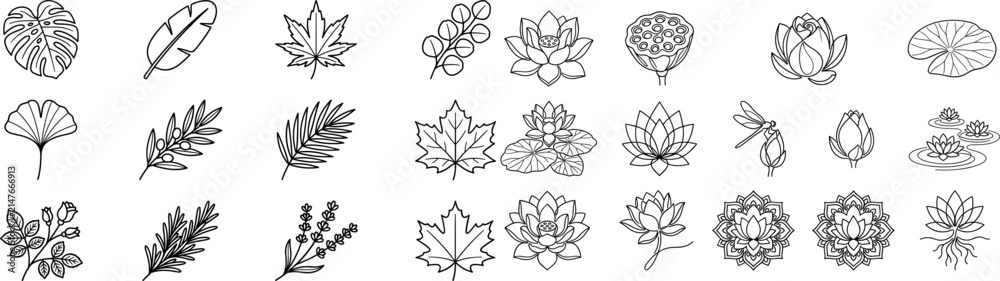 Obraz premium Botanical Line Art Icons: Leaves, Flowers, and Dragonflies Set