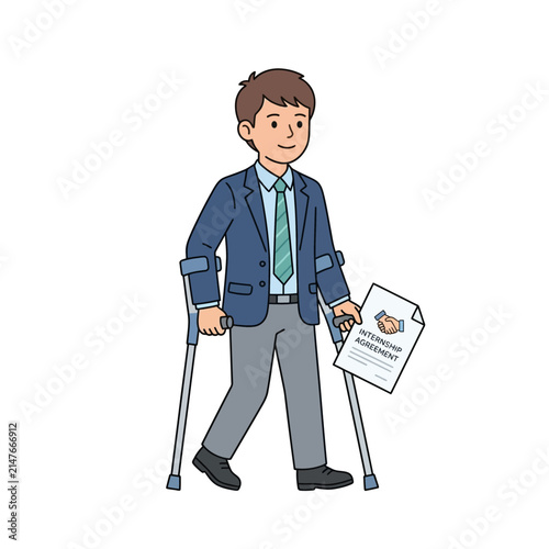 Man on Crutches Holds Contract Document