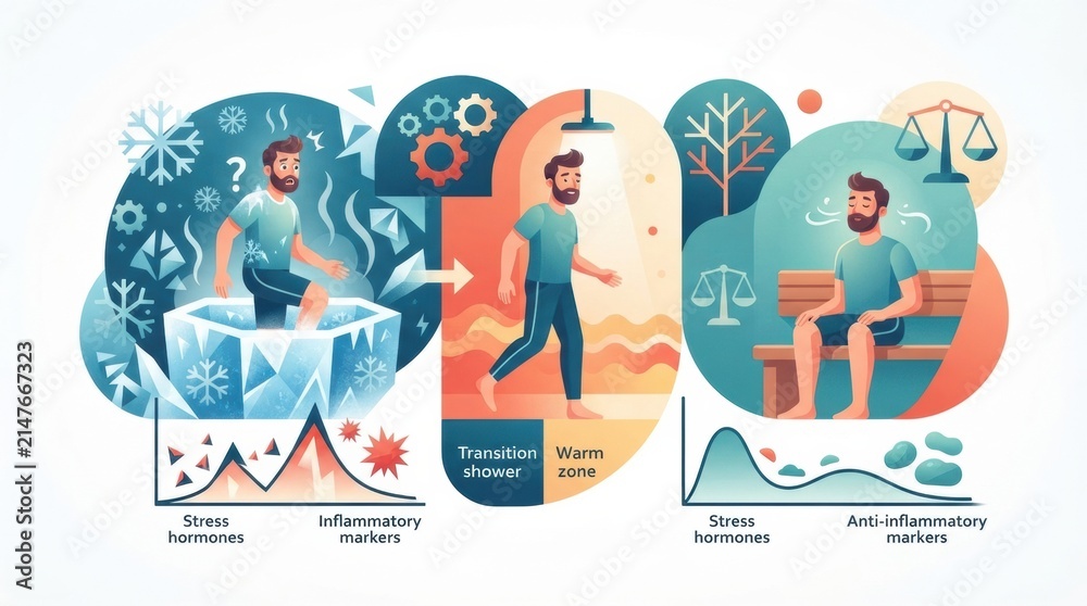 Fototapeta premium A man experiences various states of stress and relaxation, showing the impact of exposure therapy and mindfulness on mental health benefits.
