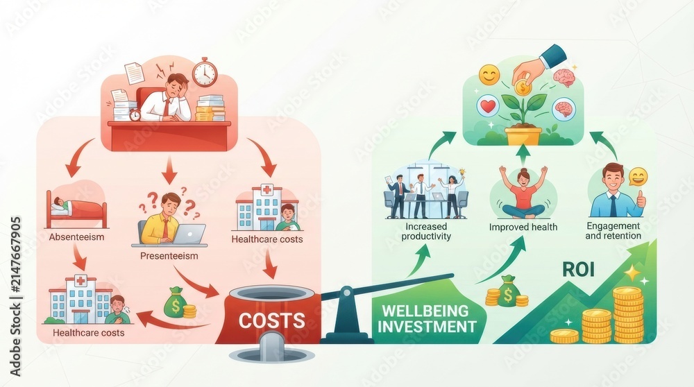Fototapeta premium Visual representation highlights the impact of stress on employees and the benefits of investing in wellness programs for mental health.