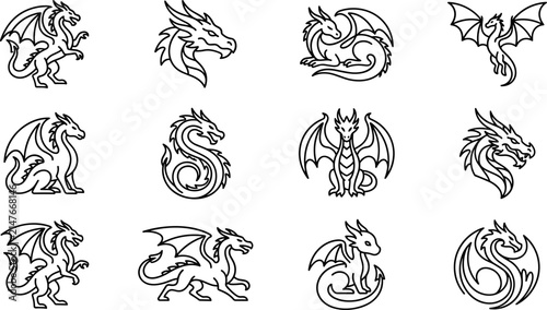 Foto Collection of Dragon Illustrations, Mythical Creature Line Art Set