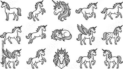 Quadro su tela Collection of Unicorn Illustrations - Mythical Creatures, Fantasy Animals, Magic