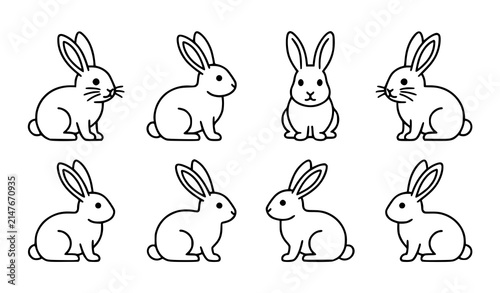 Rabbit Line Icon Set with Sitting, Standing, and Facing Bunny Sketch Symbols for Easter and Nature Designs