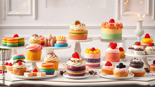 Vibrant Dessert Spread with Rainbow Cakes and Cupcakes for a Festive Celebration.