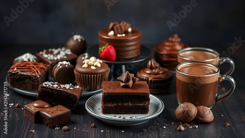 Decadent Chocolate Dessert Assortment with Hot Cocoa Mugs on Dark Background.