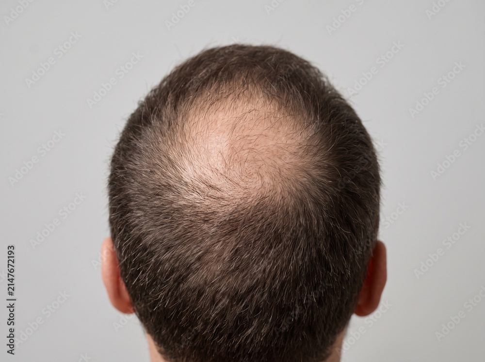 Fototapeta premium Male Pattern Baldness Showing Crown Hair Loss and Progressive Hair Thinning on Human Scalp Medical Concept