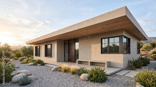 Contemporary desert house exterior with flat roof and drought tolerant landscape at sunset