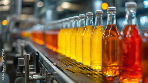 Industrial Automated Bottling Line with Glass Bottles Filled with Orange Juice in Food Factory