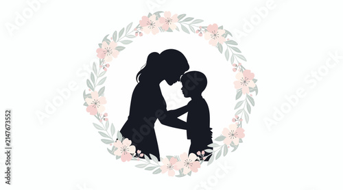 Mother and child silhouette, floral wreath