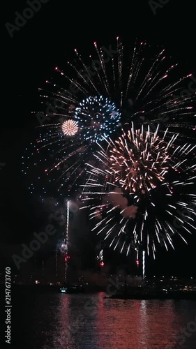 Spectacular Fireworks Over Water During Night Celebration