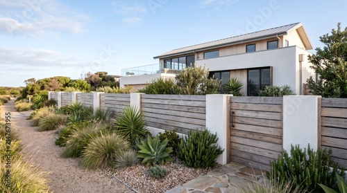 Coastal modern home with drought tolerant landscaping and wooden privacy fence
