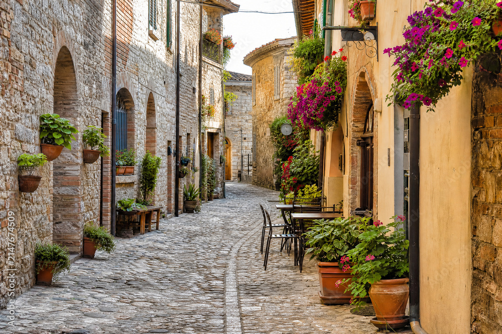 Obraz premium Historic narrow cobblestone street with flowers in an Italian village