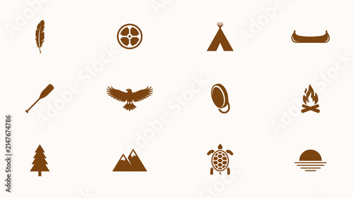 Elegant brown minimalist symbols set with flat line symbols depicting traditional motifs feathers showcases refined collection ten earth toned