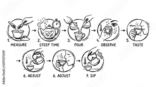 Hand drawn tea brewing ceremony icons warm measure steep time pour observe taste adjust sip, black ink sketch vector illustration

