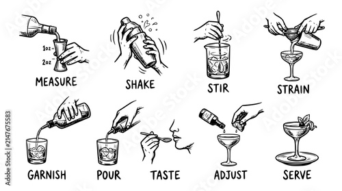 Hand drawn cocktail making bar skill icons measure shake stir strain pour garnish taste adjust serve, black ink sketch vector illustration
