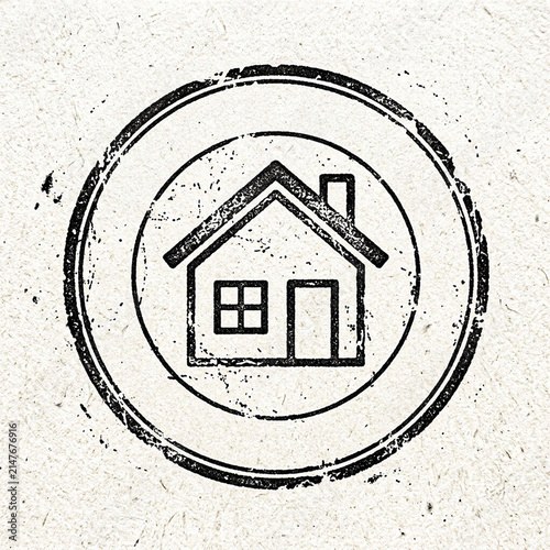 Grunge black rubber stamp of house icon on textured paper background