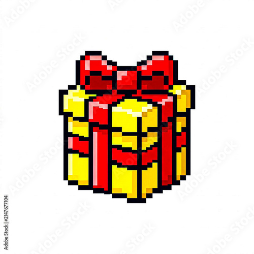 Pixel art gift box illustration featuring a vibrant yellow present with a red ribbon bow for celebration and festive design projects