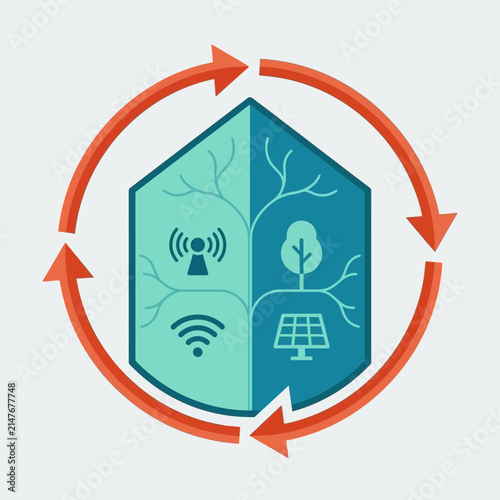 Sustainable technology and green energy circular shield logo.