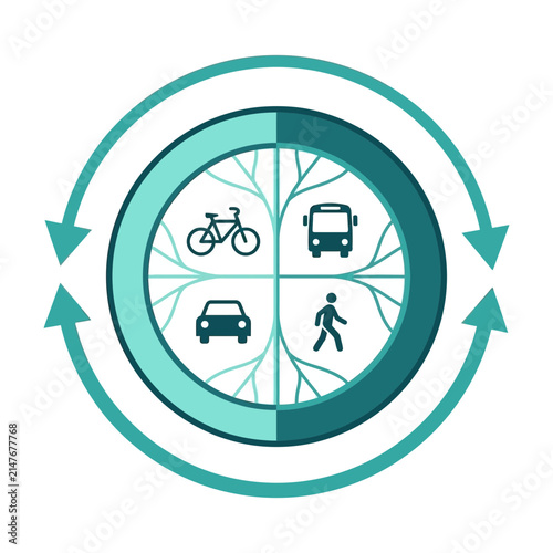 Sustainable urban transport circle with bike and bus.