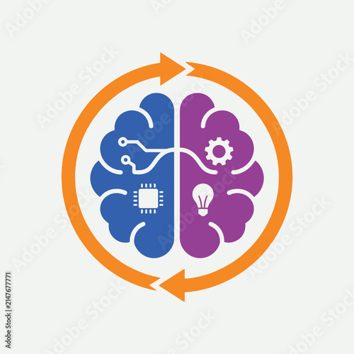 Technological brain icon with gears and circuit patterns.