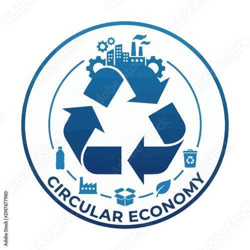 Circular economy recycling logo with factory and gears.