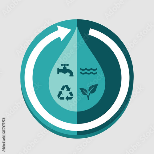 Circular water drop icon with sustainability and eco symbols.