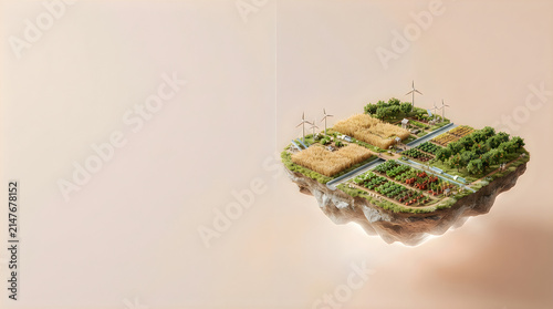 3d isometric view of a floating island with sustainable agriculture, wind turbines, and crop fields