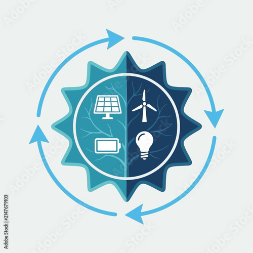 Sustainable renewable energy concept with solar and wind icons.