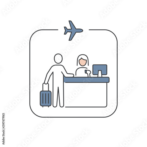 Travelers at airport check-in counter with luggage.