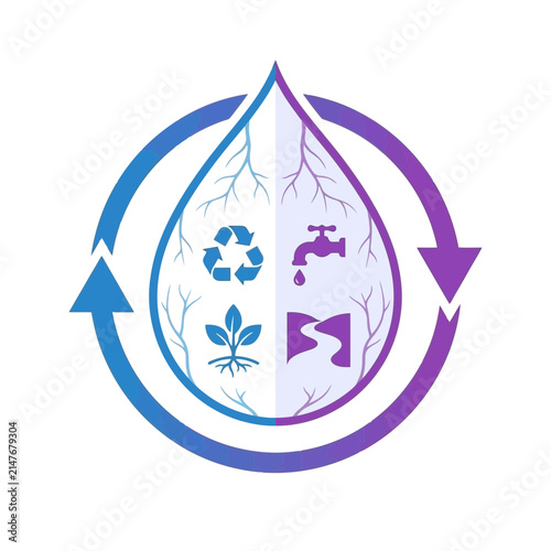 Circular water sustainability icon with drop and nature symbols.