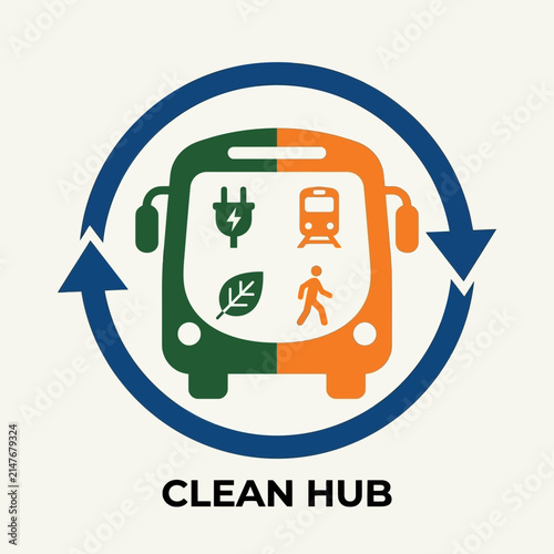 Clean hub transport logo with bus and icons.