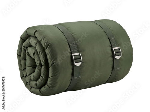 Rolled sleeping bag isolated on white. Green camping mat for hiking and outdoor travel.