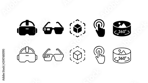 Virtual Reality and Augmented Reality Icons Set in Silhouette and Outline Style
