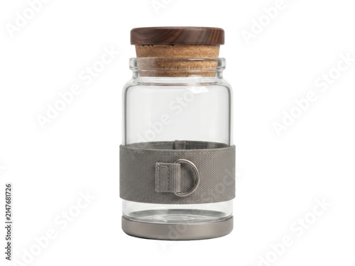 Glass jar with wooden lid and fabric sleeve. Empty storage container isolated on white.