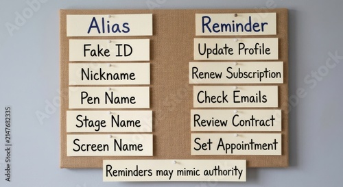 Corkboard Displaying Lists of Aliases and Reminders with Text Notes