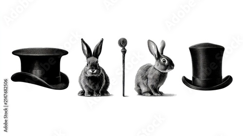 Vintage Style Magic Show Icon Set with Rabbits and Top Hats