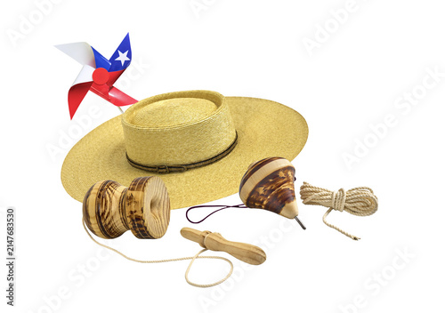 Celebrating chilean national holidays with traditional toys and a straw hat on transparent background