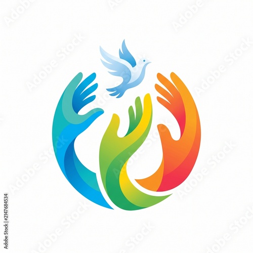 Colorful Helping Hands and Flying Dove Logo Symbolizing Peace, Hope, Charity, Humanitarian Support, Community Care, Cooperation and Social Solidarity